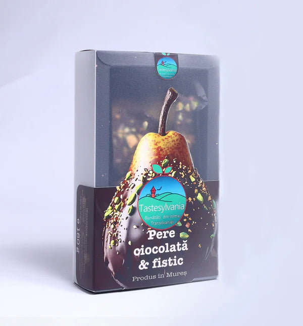 Pere deshidratate în ciocolată belgiană 70,5% cacao și fistic, Gustare rafinată și cadou elegant 150g