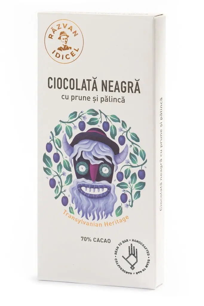 Ciocolată Neagră 70% Cacao cu Prune și Pălincă 80g