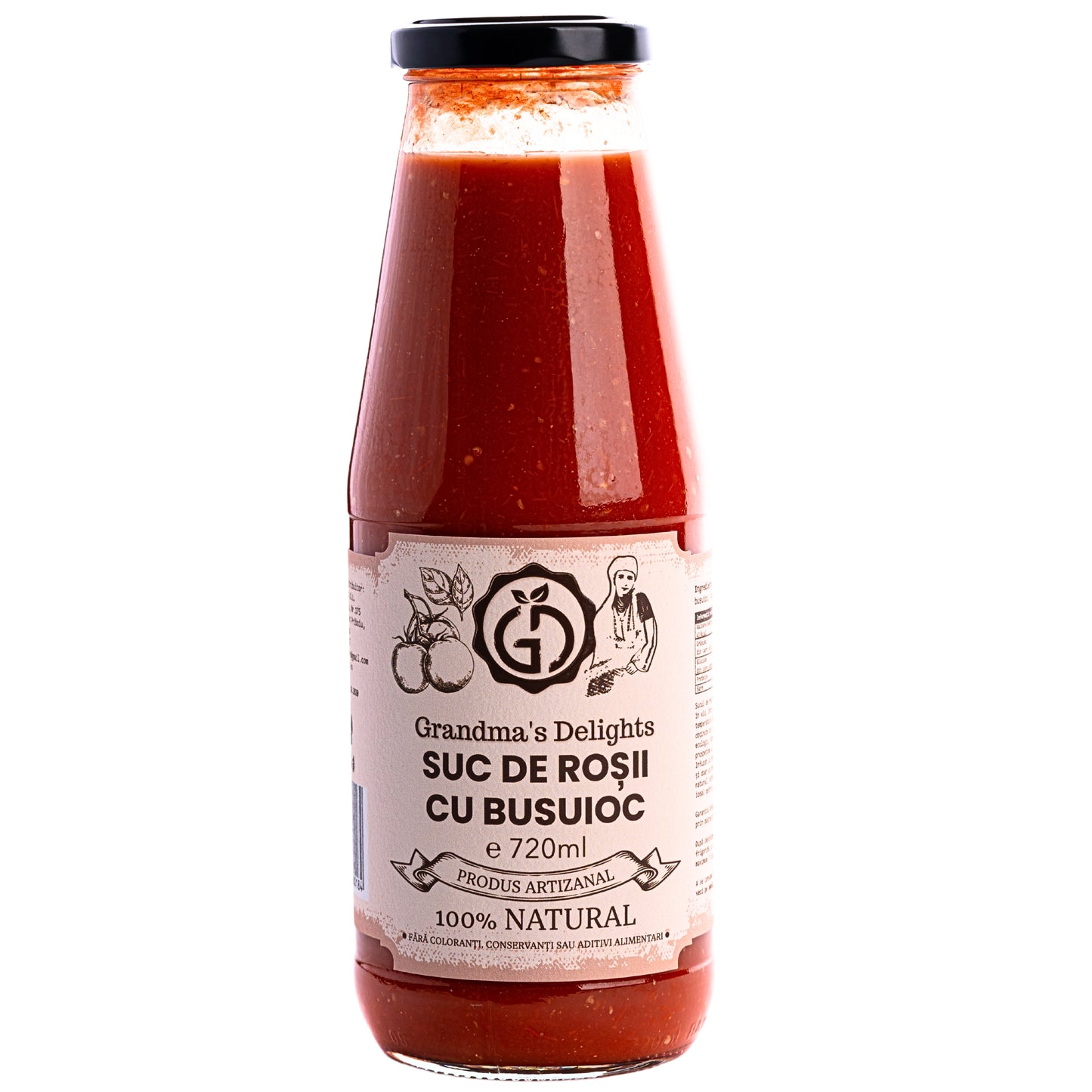 Suc de Roșii cu Busuioc Grandma's Delights, 100% Natural, Fără Conservanți și Coloranți, Perfect pentru Sosuri și Preparate Culinare 720ml