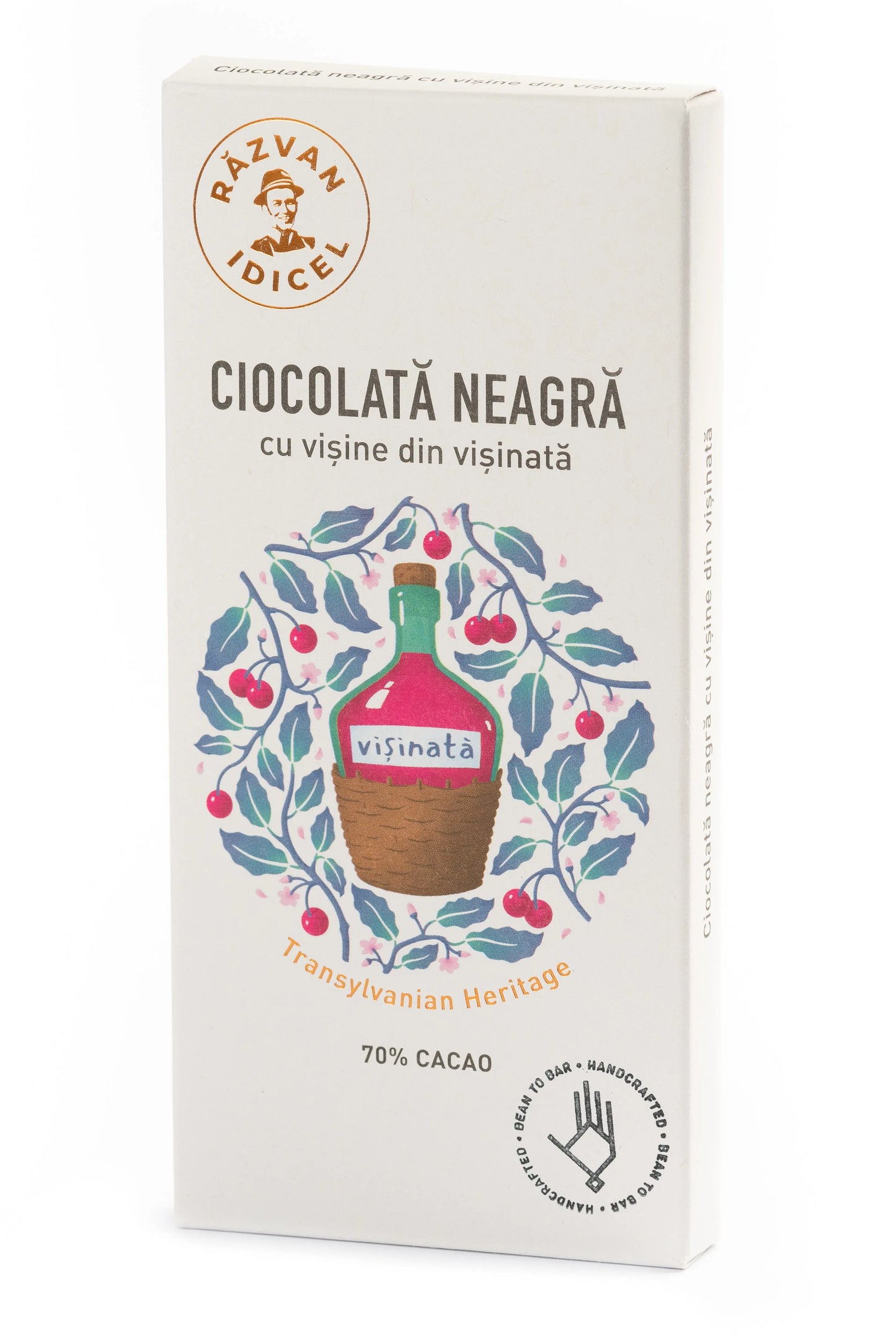 Ciocolată artizanală neagră, 70% cacao, cu vișine din vișinată 80g
