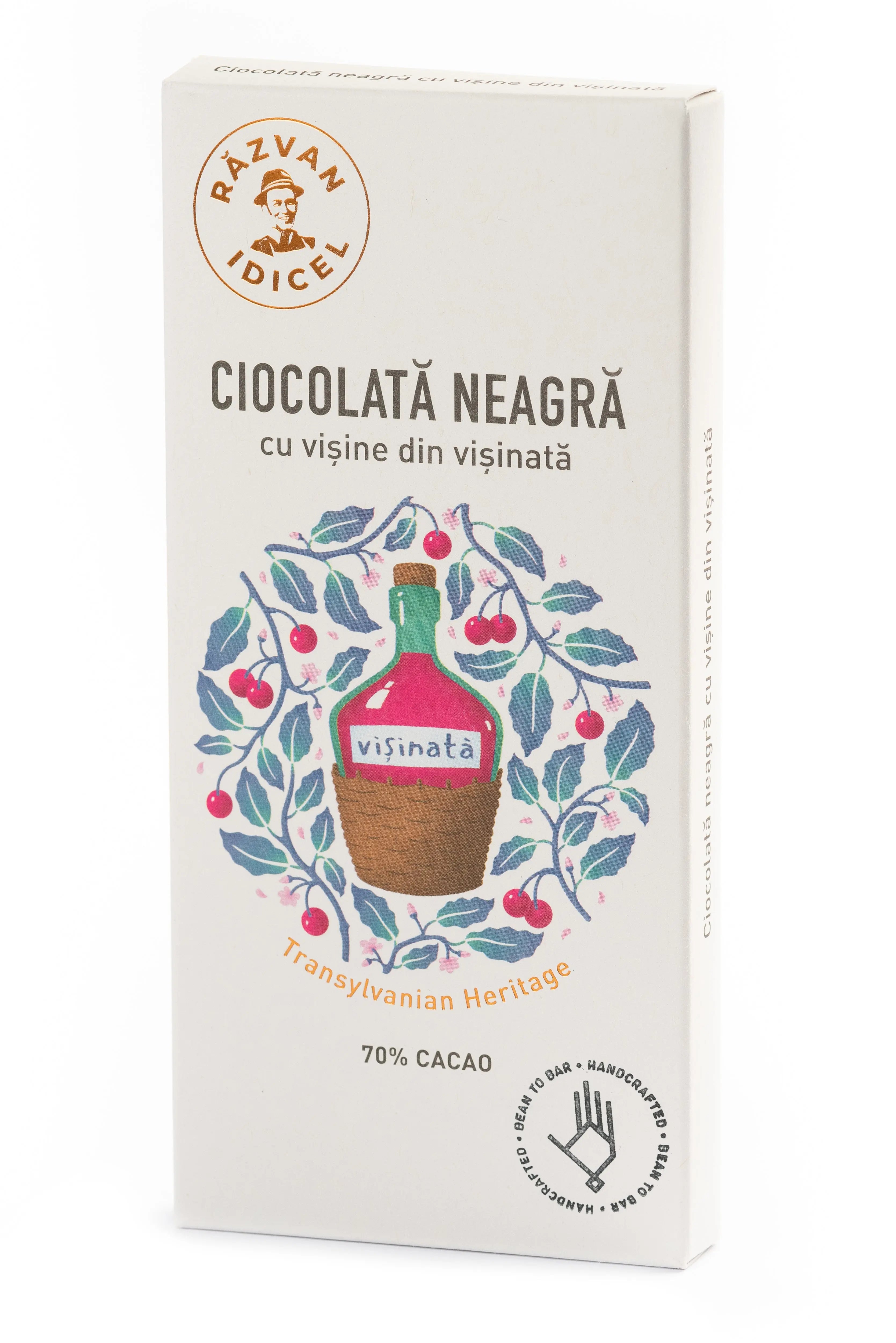 Ciocolată artizanală neagră, 70% cacao, cu vișine din vișinată 80g